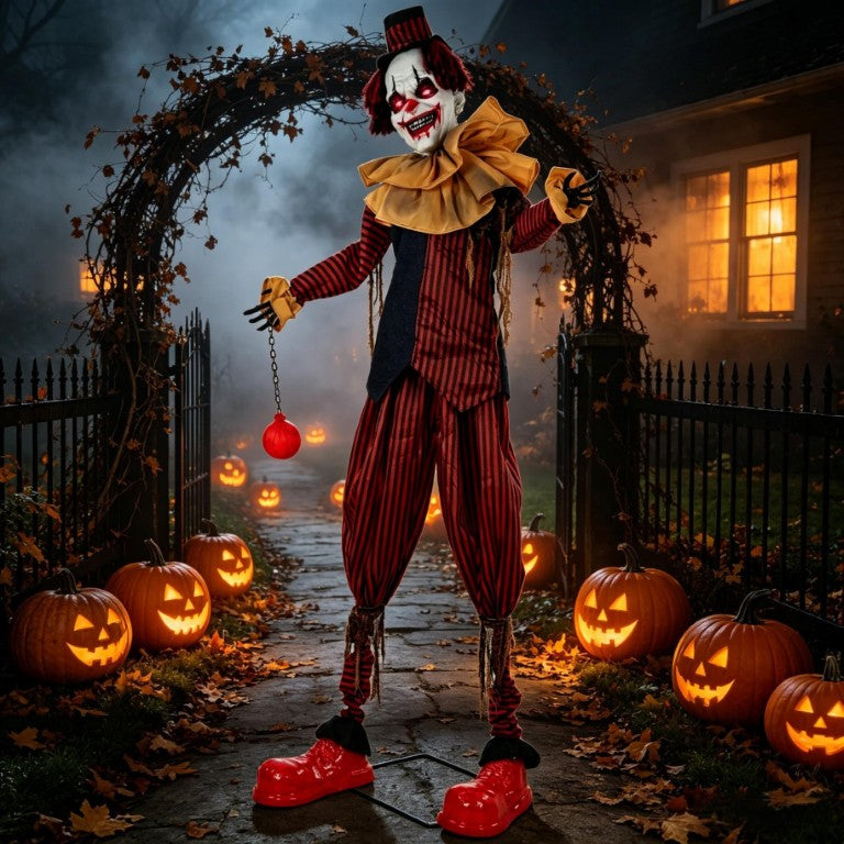 English Elm Creepy Animatronic Circus Clown Eight Foot Halloween Yard Prop with Motion Sound T3971P576811