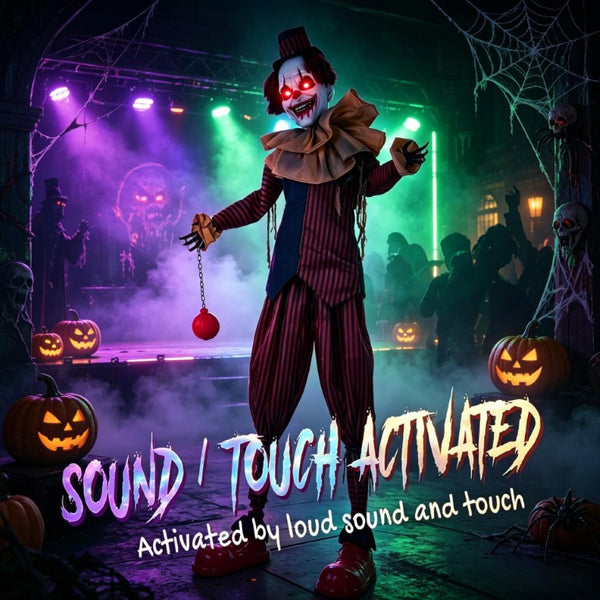 English Elm Creepy Animatronic Circus Clown Eight Foot Halloween Yard Prop with Motion Sound T3971P576811