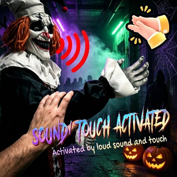 English Elm Frightening Animatronic Clown Prop Nine Feet Tall with LED Eyes and Motion Sensors T3971P576839