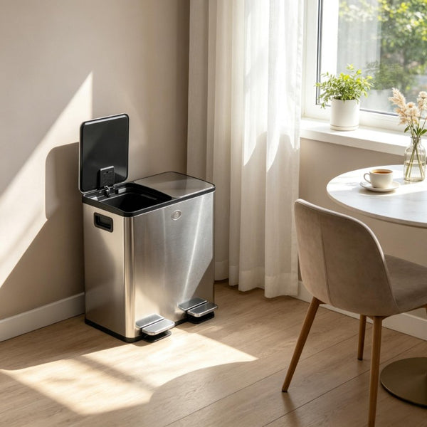 English Elm Dual Compartment Stainless Steel Step Trash Can with Soft Close Lids for Kitchen T3971P582184
