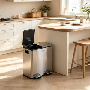 English Elm Dual Compartment Stainless Steel Step Trash Can with Soft Close Lids for Kitchen T3971P582184