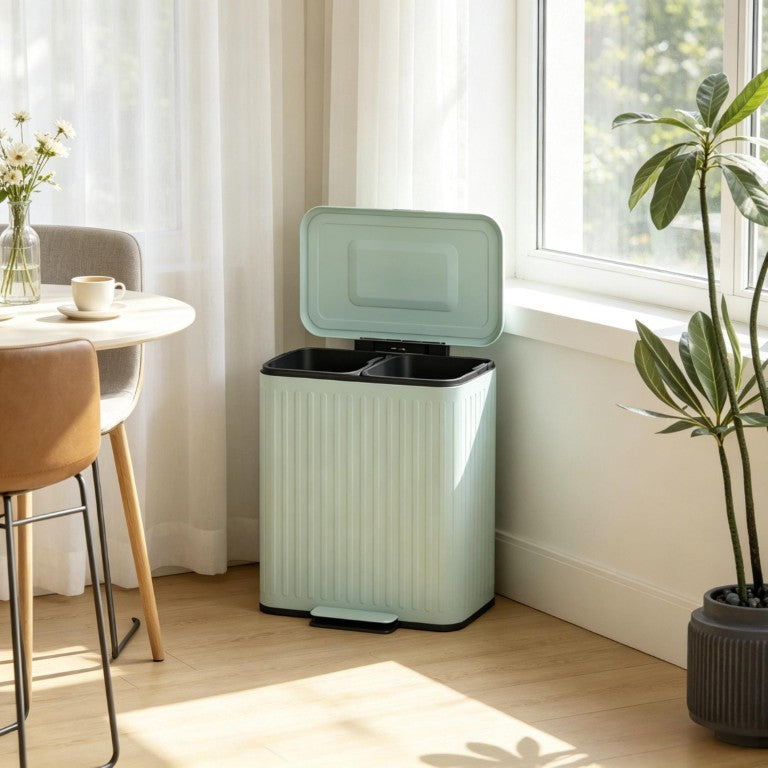 English Elm Functional Dual Compartment Step Bin Powder Coated Metal Soft Close Pedal Recycling T3971P582215
