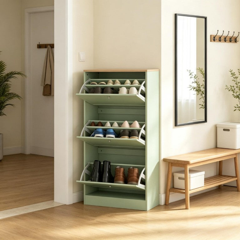 English Elm Stylish Narrow Entryway Shoe Cabinet with Flip Down Drawers and Oak Wood Grain Top T3971P582231