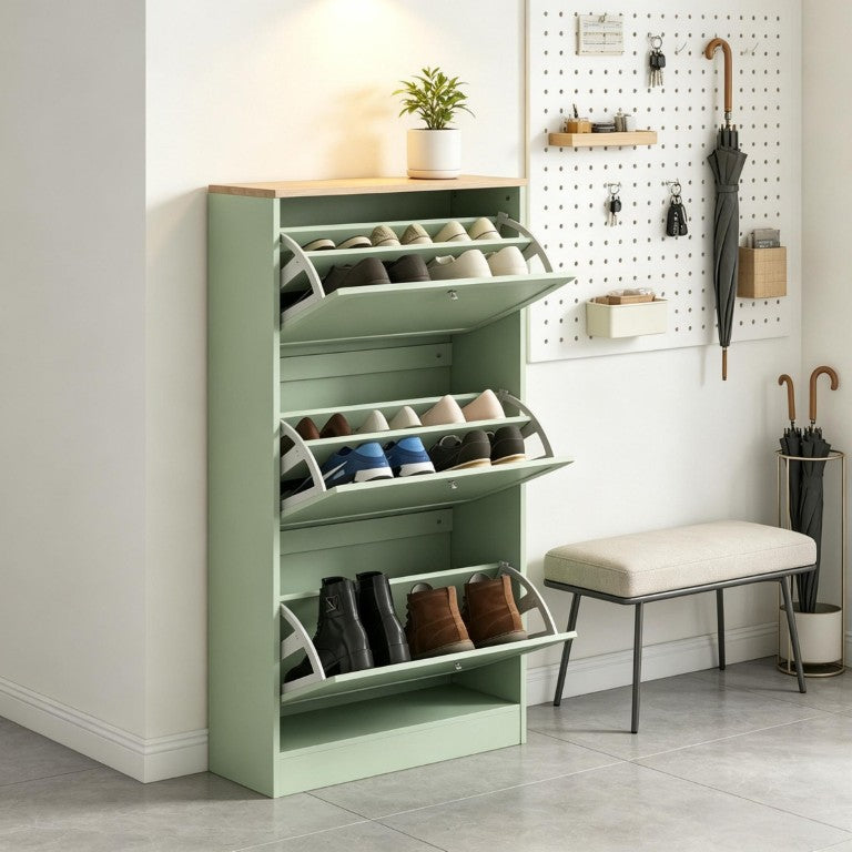 English Elm Stylish Narrow Entryway Shoe Cabinet with Flip Down Drawers and Oak Wood Grain Top T3971P582231