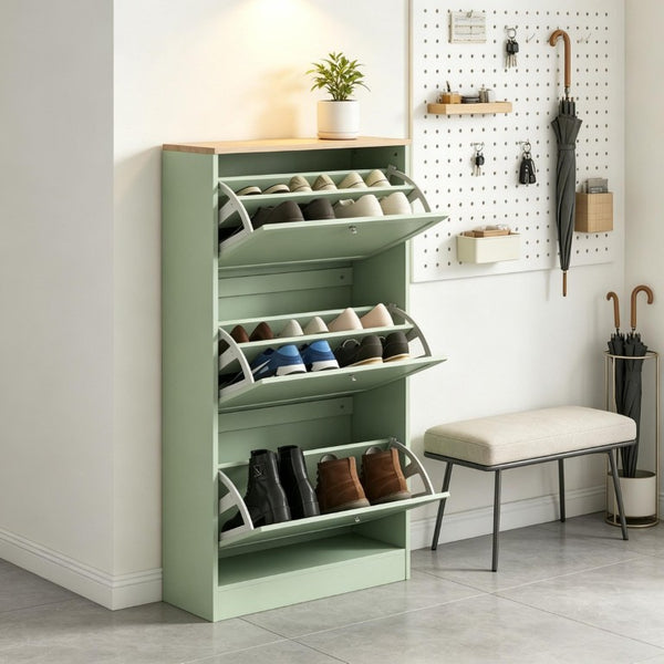 English Elm Stylish Narrow Entryway Shoe Cabinet with Flip Down Drawers and Oak Wood Grain Top T3971P582231
