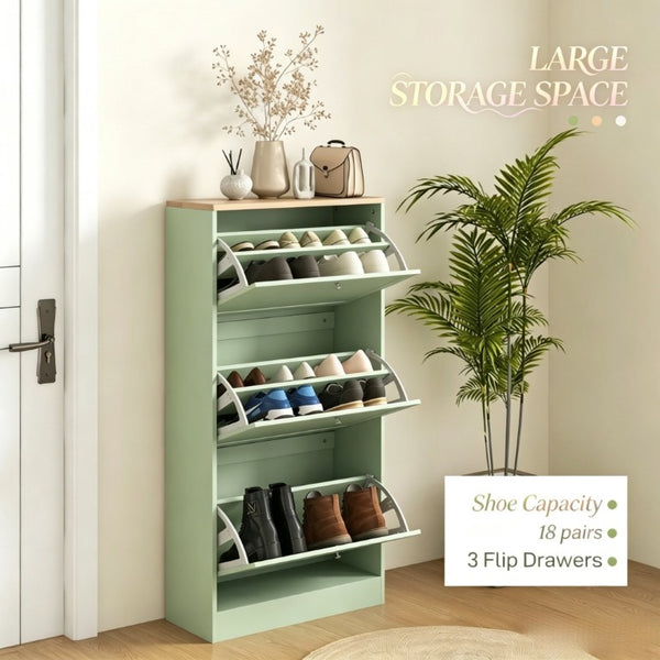 English Elm Stylish Narrow Entryway Shoe Cabinet with Flip Down Drawers and Oak Wood Grain Top T3971P582231