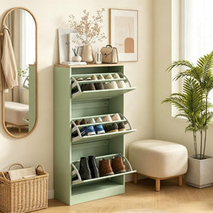 English Elm Stylish Narrow Entryway Shoe Cabinet with Flip Down Drawers and Oak Wood Grain Top T3971P582231