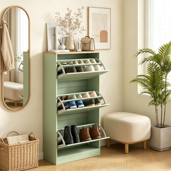English Elm Stylish Narrow Entryway Shoe Cabinet with Flip Down Drawers and Oak Wood Grain Top T3971P582231