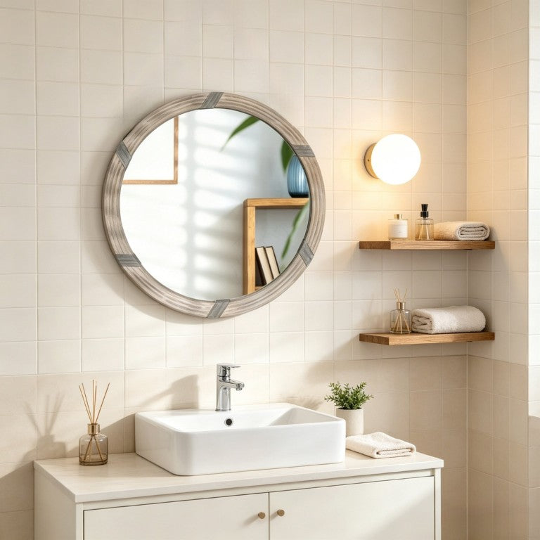 English Elm Contemporary Round Wall Mirror with Natural Wood Tone MDF Frame for Living Rooms T3971P585315