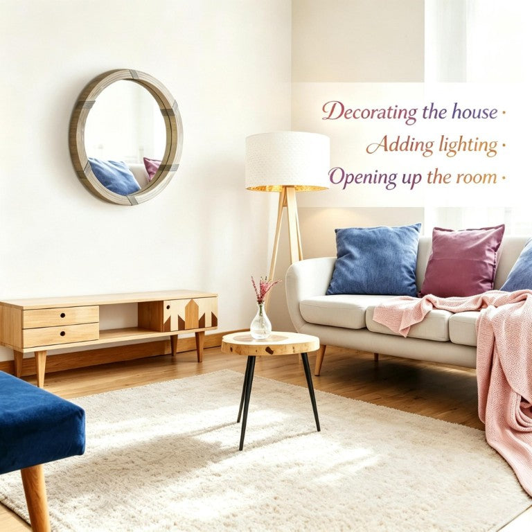 English Elm Contemporary Round Wall Mirror with Natural Wood Tone MDF Frame for Living Rooms T3971P585315