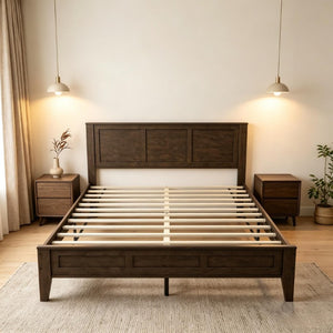 English Elm Mid‑century Queen Platform Bed Walnut Rubberwood Frame with Paneled Headboard Storage T3971P588782