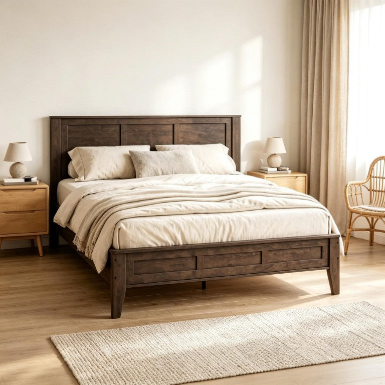 English Elm Mid‑century Queen Platform Bed Walnut Rubberwood Frame with Paneled Headboard Storage T3971P588782