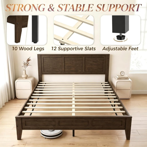 English Elm Mid‑century Queen Platform Bed Walnut Rubberwood Frame with Paneled Headboard Storage T3971P588782