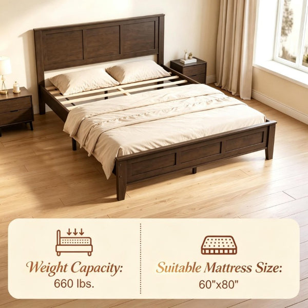 English Elm Mid‑century Queen Platform Bed Walnut Rubberwood Frame with Paneled Headboard Storage T3971P588782