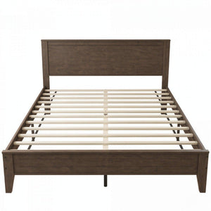 English Elm Mid‑century Queen Platform Bed Walnut Rubberwood Frame with Paneled Headboard Storage T3971P588782