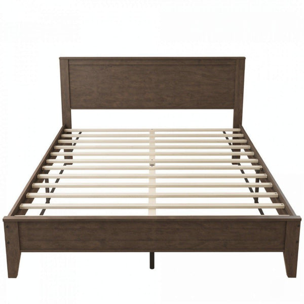 English Elm Mid‑century Queen Platform Bed Walnut Rubberwood Frame with Paneled Headboard Storage T3971P588782