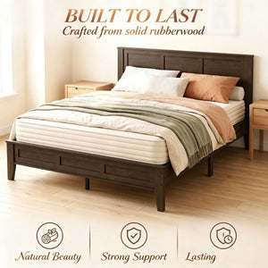 English Elm Mid‑century Queen Platform Bed Walnut Rubberwood Frame with Paneled Headboard Storage T3971P588782