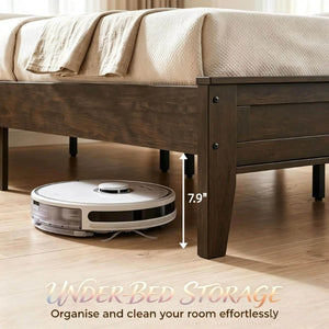 English Elm Mid‑century Queen Platform Bed Walnut Rubberwood Frame with Paneled Headboard Storage T3971P588782
