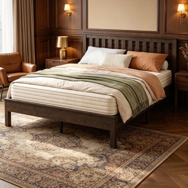 English Elm Queen‑size Mid-Century Walnut Platform Bed with Slatted Headboard for Bedroom T3971P588807