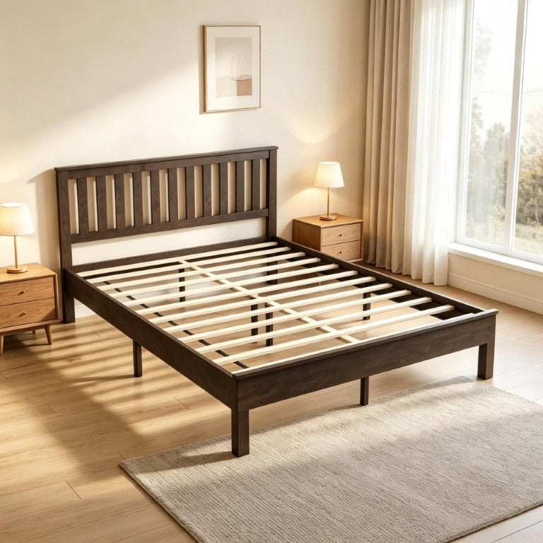 English Elm Queen‑size Mid-Century Walnut Platform Bed with Slatted Headboard for Bedroom T3971P588807