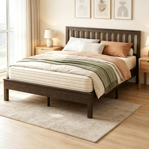 English Elm Queen‑size Mid-Century Walnut Platform Bed with Slatted Headboard for Bedroom T3971P588807