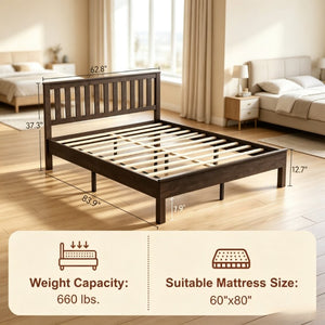 English Elm Queen‑size Mid-Century Walnut Platform Bed with Slatted Headboard for Bedroom T3971P588807