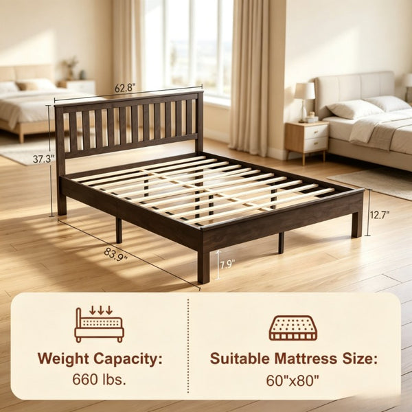 English Elm Queen‑size Mid-Century Walnut Platform Bed with Slatted Headboard for Bedroom T3971P588807