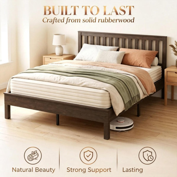 English Elm Queen‑size Mid-Century Walnut Platform Bed with Slatted Headboard for Bedroom T3971P588807