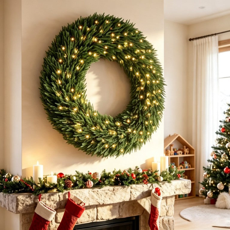 English Elm 48 Inch Pre-Lit Norfolk Pine Wreath with 150 Warm White LEDs for Festive Entryway Display Norfolk Pine T3971P588948