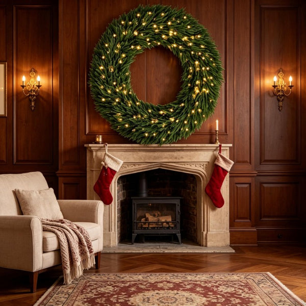 English Elm 48 Inch Pre-Lit Norfolk Pine Wreath with 150 Warm White LEDs for Festive Entryway Display Norfolk Pine T3971P588948