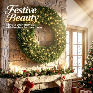 English Elm 48 Inch Pre-Lit Norfolk Pine Wreath with 150 Warm White LEDs for Festive Entryway Display Norfolk Pine T3971P588948