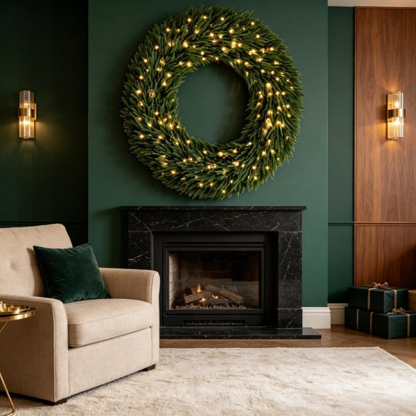 English Elm 48 Inch Pre-Lit Norfolk Pine Wreath with 150 Warm White LEDs for Festive Entryway Display Norfolk Pine T3971P588948