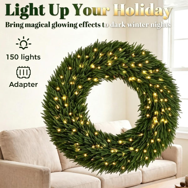 English Elm 48 Inch Pre-Lit Norfolk Pine Wreath with 150 Warm White LEDs for Festive Entryway Display Norfolk Pine T3971P588948