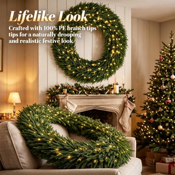 English Elm 48 Inch Pre-Lit Norfolk Pine Wreath with 150 Warm White LEDs for Festive Entryway Display Norfolk Pine T3971P588948