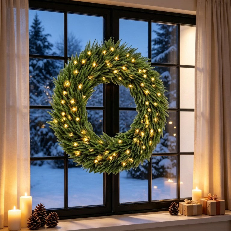 English Elm 36‑Inch Pre-Lit Norfolk Pine Artificial Wreath with 100 Warm White LED Holiday Lights T3971P588952