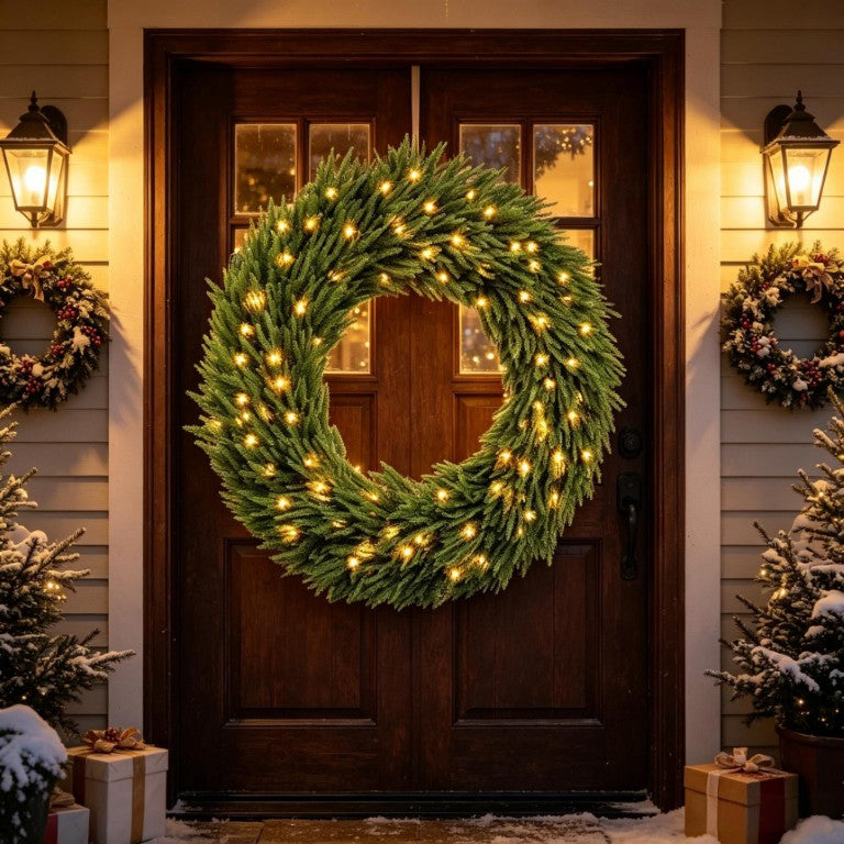 English Elm 36‑Inch Pre-Lit Norfolk Pine Artificial Wreath with 100 Warm White LED Holiday Lights T3971P588952