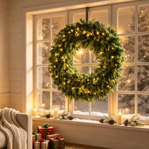 English Elm 48 Inch Pre-Lit Norfolk Pine Wreath with 150 Warm White LEDs for Festive Entryway Display Crestwood Spruce T3971P589030