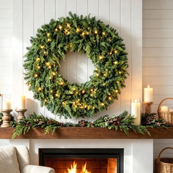 English Elm 48 Inch Pre-Lit Norfolk Pine Wreath with 150 Warm White LEDs for Festive Entryway Display Crestwood Spruce T3971P589030
