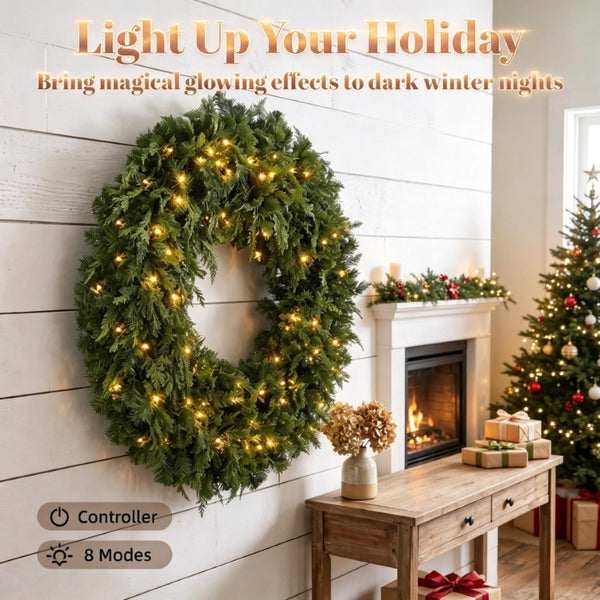 English Elm 48 Inch Pre-Lit Norfolk Pine Wreath with 150 Warm White LEDs for Festive Entryway Display Crestwood Spruce T3971P589030