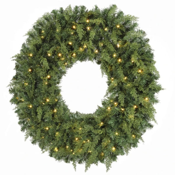 English Elm 48 Inch Pre-Lit Norfolk Pine Wreath with 150 Warm White LEDs for Festive Entryway Display Crestwood Spruce T3971P589030