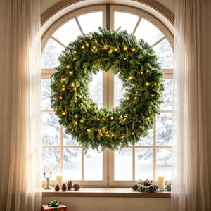 English Elm 48 Inch Pre-Lit Norfolk Pine Wreath with 150 Warm White LEDs for Festive Entryway Display Crestwood Spruce T3971P589030