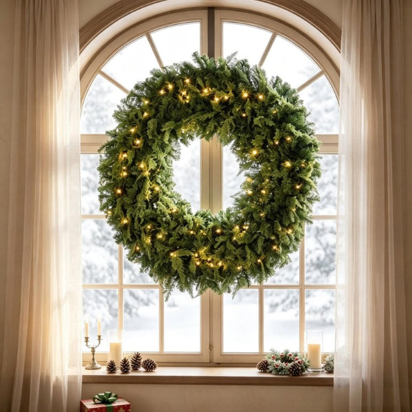 English Elm 48 Inch Pre-Lit Norfolk Pine Wreath with 150 Warm White LEDs for Festive Entryway Display Crestwood Spruce T3971P589030