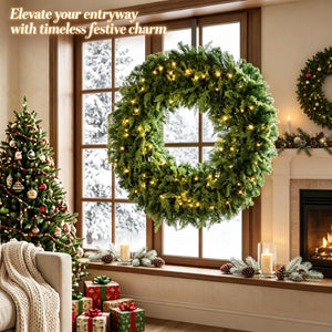 English Elm 48 Inch Pre-Lit Norfolk Pine Wreath with 150 Warm White LEDs for Festive Entryway Display Crestwood Spruce T3971P589030