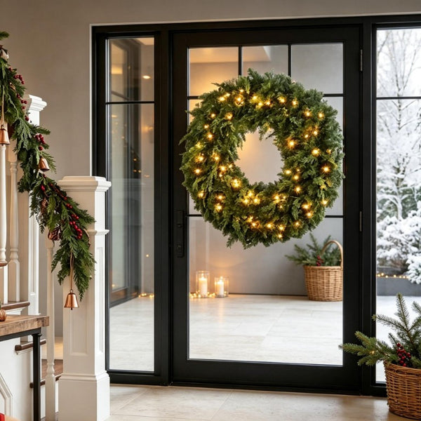 English Elm 36‑Inch Pre-Lit Cedar Wreath with Warm White LEDs Bow and 8 Glow Modes for Front Doors T3971P589033