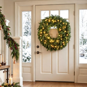 English Elm 36‑Inch Pre-Lit Cedar Wreath with Warm White LEDs Bow and 8 Glow Modes for Front Doors T3971P589033