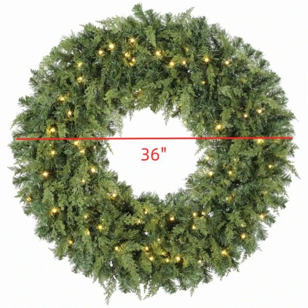 English Elm 36‑Inch Pre-Lit Cedar Wreath with Warm White LEDs Bow and 8 Glow Modes for Front Doors T3971P589033