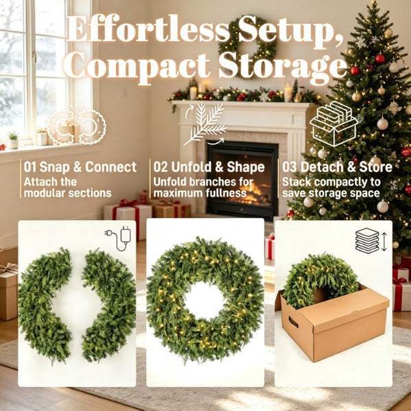 English Elm 36‑Inch Pre-Lit Cedar Wreath with Warm White LEDs Bow and 8 Glow Modes for Front Doors T3971P589033
