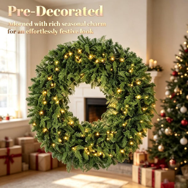 English Elm 36‑Inch Pre-Lit Cedar Wreath with Warm White LEDs Bow and 8 Glow Modes for Front Doors T3971P589033