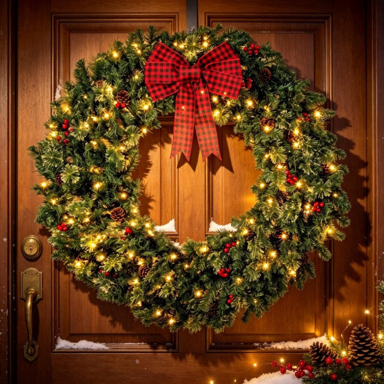 English Elm 48 Inch Prelit Spruce Holiday Wreath with LED Modes Berry Clusters and Plaid Bow T3971P589526