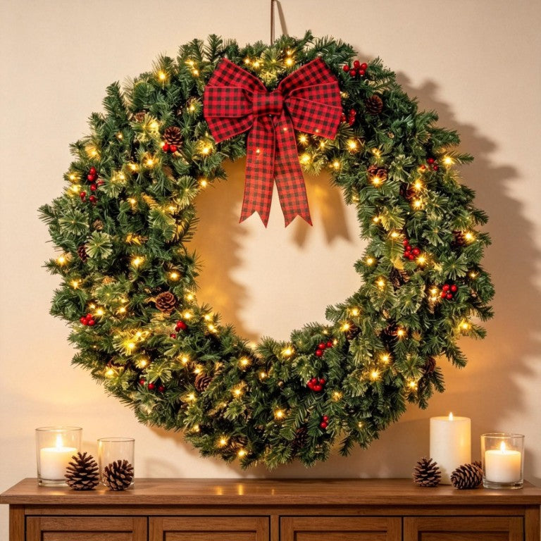 English Elm 48 Inch Prelit Spruce Holiday Wreath with LED Modes Berry Clusters and Plaid Bow T3971P589526